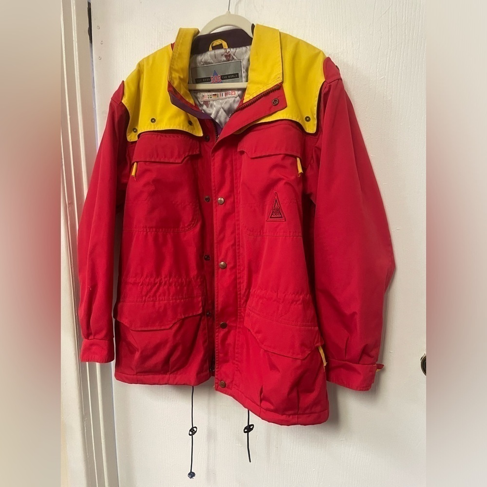 Vintage 90s SOS Colorblock Ski Jacket Red Yellow Thinsulate Men's S - Picture 3 of 9